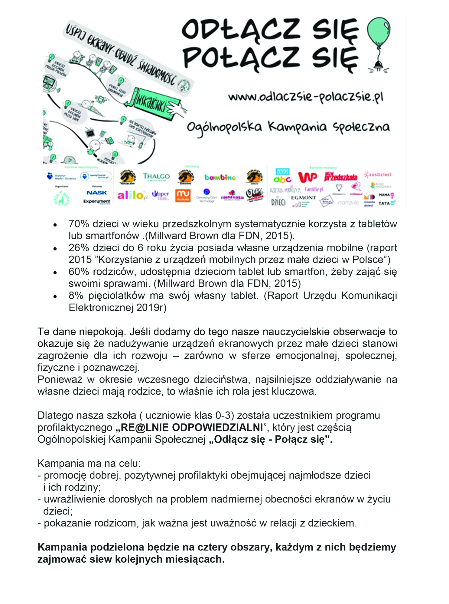Infografika kampanii „Odłącz się – Połącz się” ze statystykami korzystania przez dzieci z urządzeń ekranowych