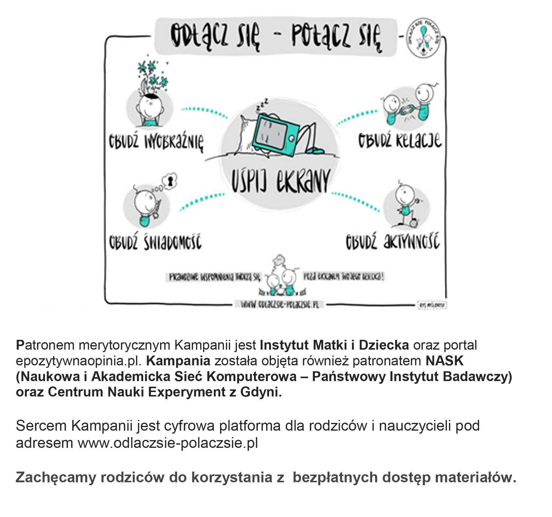 Infografika „Uśpij ekrany” zachęcająca do rozwijania wyobraźni, relacji, świadomości i aktywności