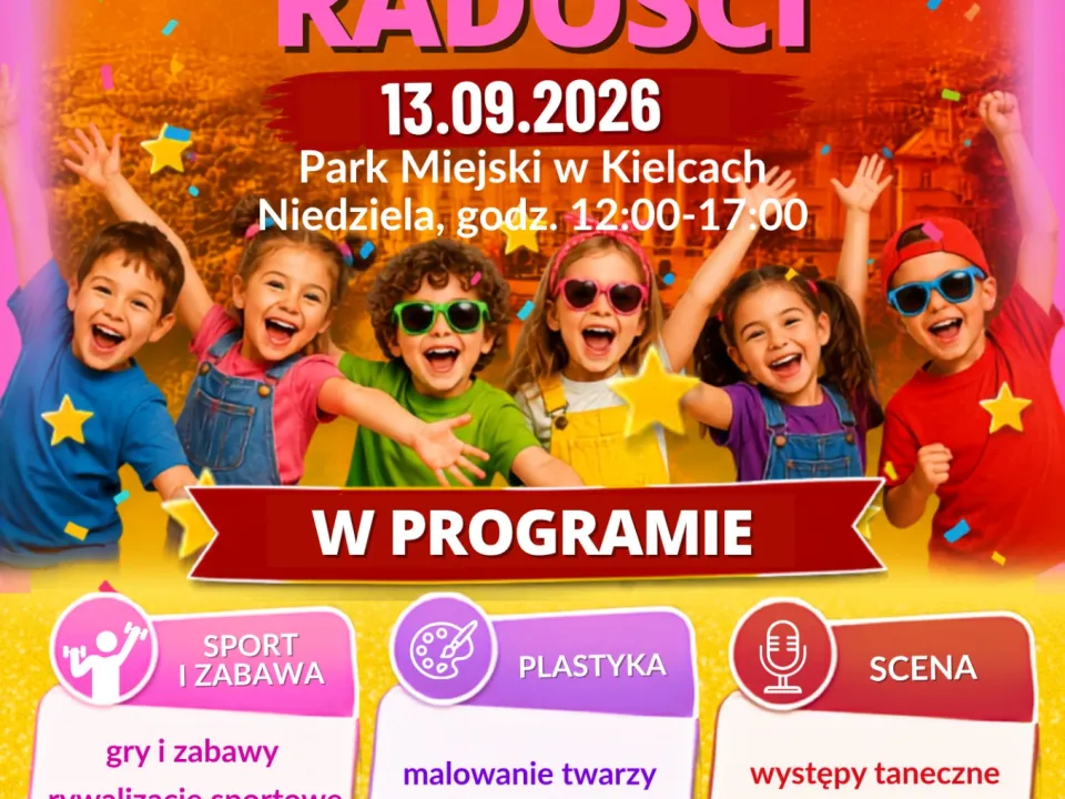 Plakat Dziecięcej Fabryki Radości. Pełna treść plakatu znajduje się poniżej.