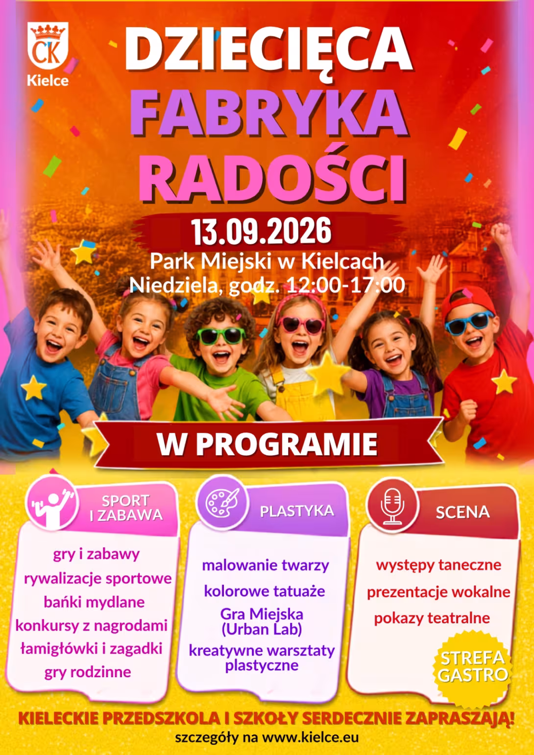 Plakat Dziecięcej Fabryki Radości. Pełna treść plakatu znajduje się poniżej.